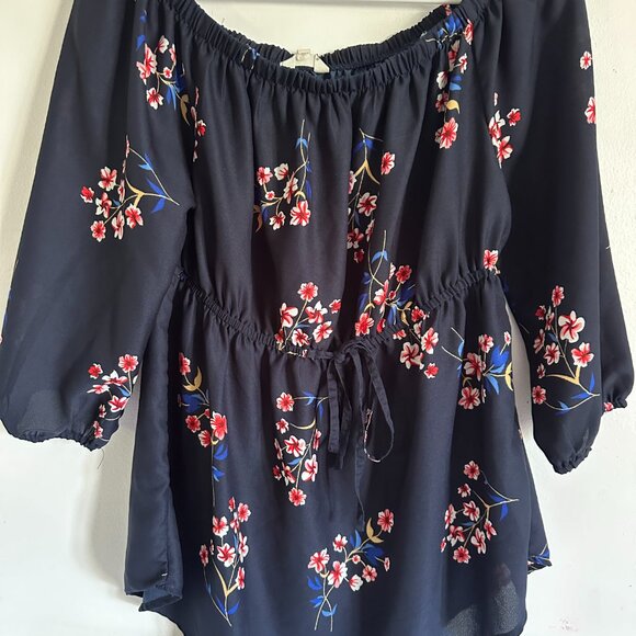 Of the shoulder dark floral stretch waist blouse size medium girly flowy - Picture 1 of 7